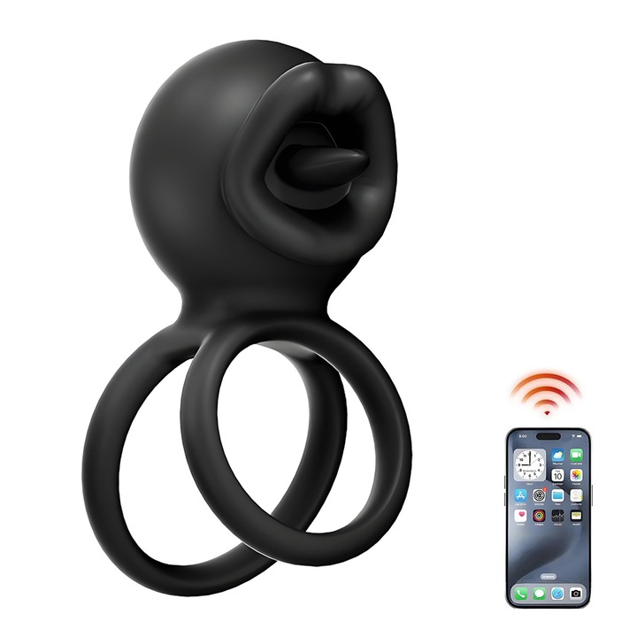 Inel penis, APP telecomanda, 9 moduri de vibratie, 9.9cm, Rezistent la apa, Cu cablu USB de incarcare, Silicon, Negru