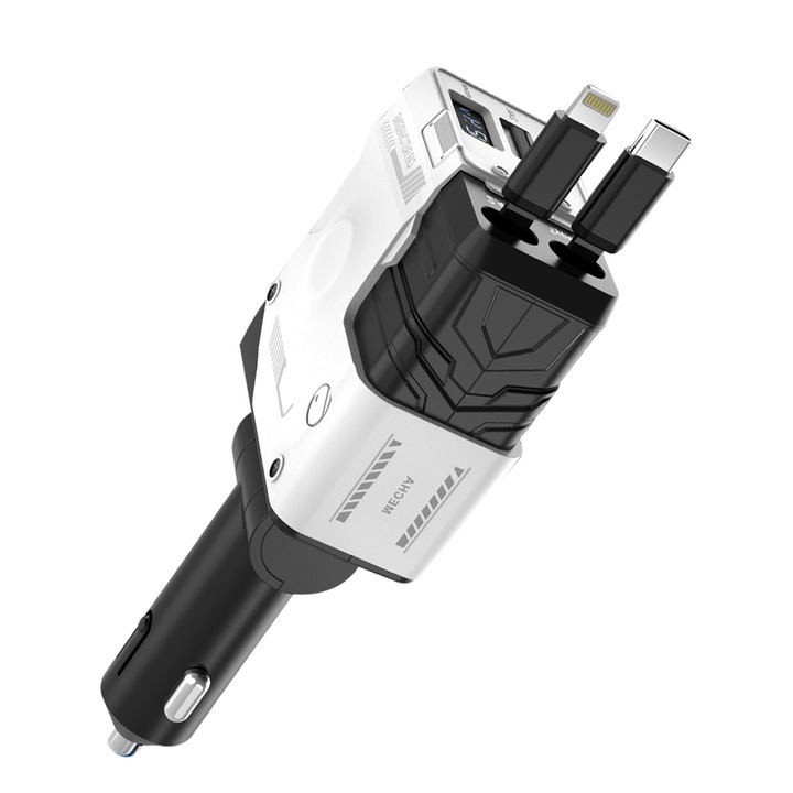 Incarcator auto rapid, 100 Watt incarcare super rapida, USB Dock, cablu retractabil Type-C + Lightning, afisaj LED, universal, stil unic, alb