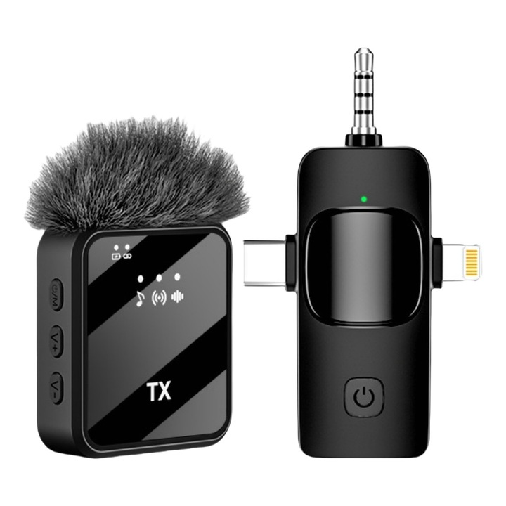 Професионален безжичен лавалиер микрофон 3 в 1 за iPhone/Android/камера, 2.4GHz безжичен, Plug and Play, 9 часа живот на батерията, преносим за запис на интервюта, влогове, YouTube, TikTok