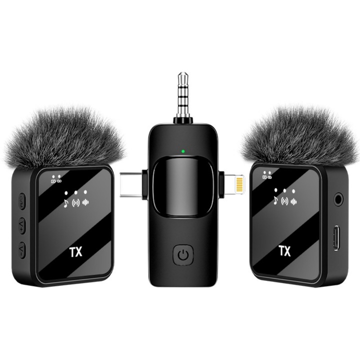 Професионален безжичен лавалиер микрофон 3 в 1 за iPhone/Android/камера, 2.4GHz безжичен, Plug and Play, 18 часа живот на батерията, преносим за запис на интервюта, влогове, YouTube, TikTok