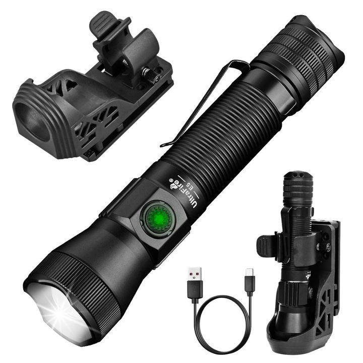 Lanterna tactica EDC ULTRAFIRE cu toc, lanterna reincarcabila de politie cu 2350 lumeni si suport pentru centura, lanterne LED cu zoom pentru situatii de urgenta, lanterna pentru aplicarea legii E5