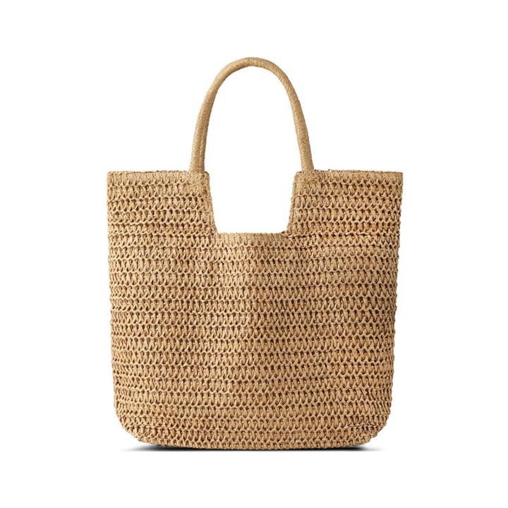 Geanta de Vara din Paie Tesuta pentru Femei, 42×37×10 cm, Naturala, Usoara, pentru Plaja/Cumparaturi/Picnic, Kaki