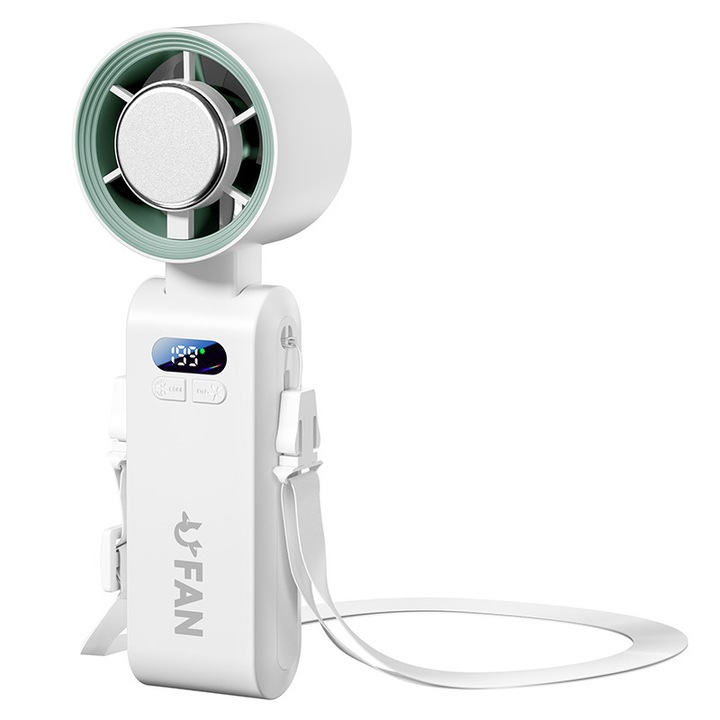 Преносим, ръчен, сгъваем вентилатор, дигитален дисплей, 199 настройки за скорост, 4000 mAh, бързо зареждане чрез USB-C кабел (включен), бял