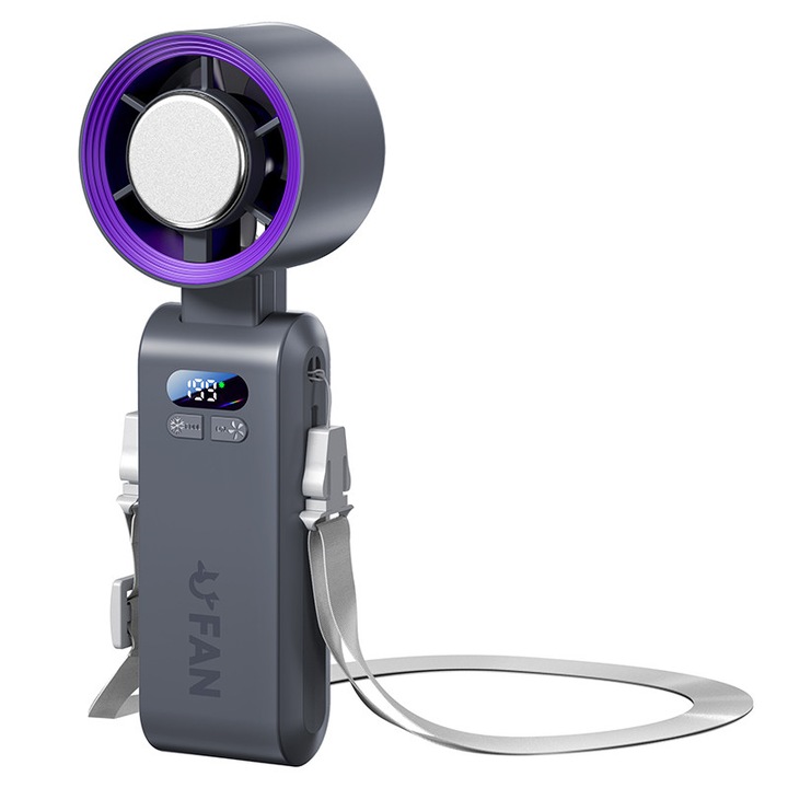 Преносим, ръчен, сгъваем вентилатор, дигитален дисплей, 199 настройки за скорост, 4000 mAh, бързо зареждане чрез USB-C кабел (включен), сив