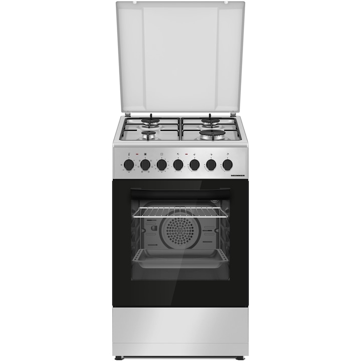 Heinner HFSC-S60LITGC-SL комбинирана печка, 4 горелки, електрическо запалване на котлона, електрическа фурна, клас А, таймер, грил, вентилация, долно чекмедже за съдове, 50x60 см, сребриста