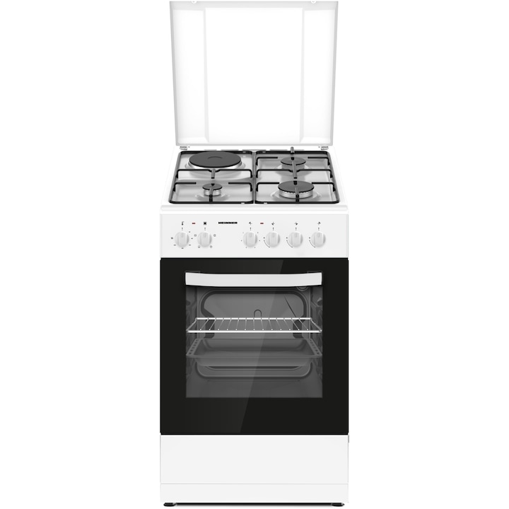 Heinner HFSC-S56E1HSWH комбинирана печка, 3 газови котлона + 1 електрически котлон, електрическо запалване на горелката, електрическа фурна, клас А, грил, 50x60 см, бяла