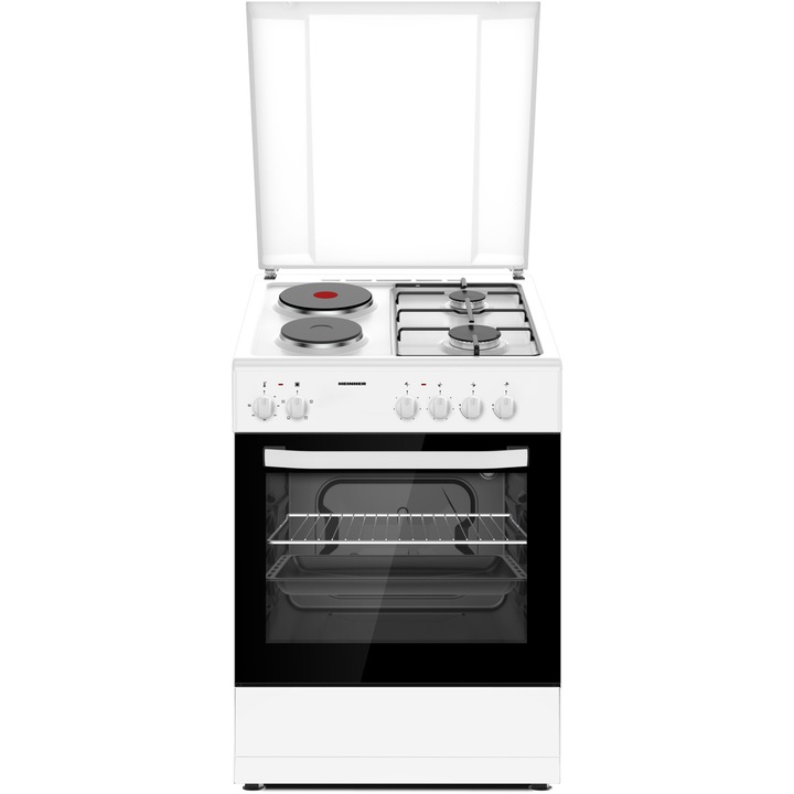 Heinner HFSC-S60E2HSWH комбинирана печка, 2 газови котлона + 2 електрически котлона, електрическо запалване на горелката, електрическа фурна, клас А, грил, 60x60 см, бяла