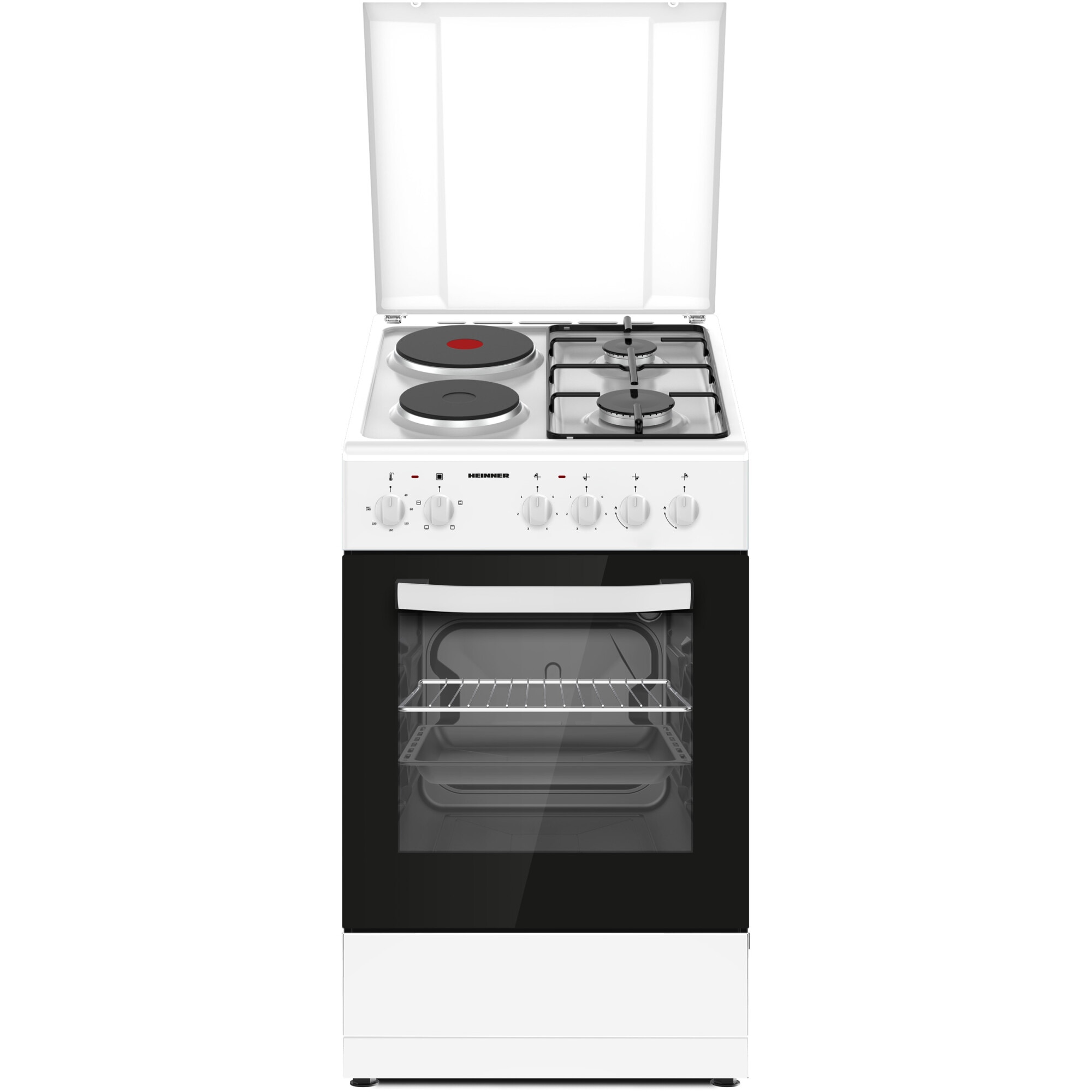 Aragaz mixt Heinner HFSC-S56E2HSWH, 2 arzatoare gaz + 2 plite electrice, aprindere electrica arzatoare, cuptor electric, clasa A, grill, 50x60 cm, alb
