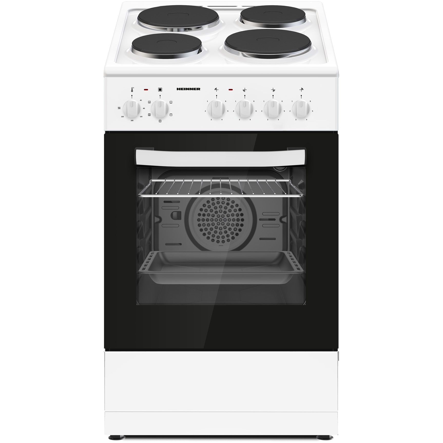 Aragaz electric Heinner HFSC-S56E4HMWH, 50X60CM, 4 plite electrice, cuptor electric, clasa A, grill, ventilatie, 50x60cm, alb