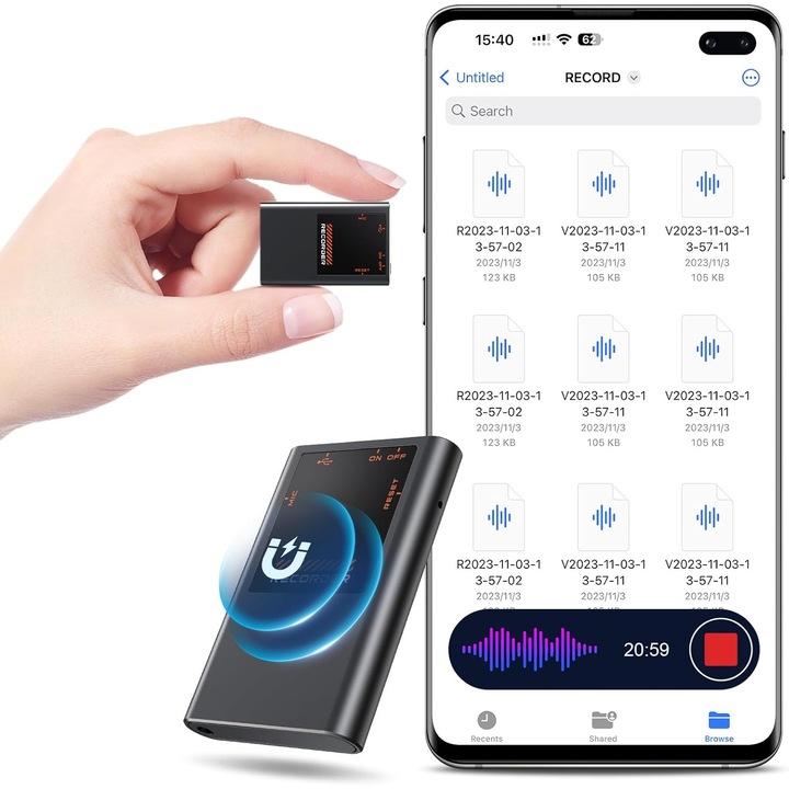 Mini mágneses hangrögzítő, akár 4552 órás tárhely, Puepoul, AI zajszűrés, C típusú, 64 GB memória lejátszási funkcióval, OTG csatlakozás, MP3/WMA/WAV, felvevőeszköz előadásokhoz, megbeszélésekhez, interjúkhoz, fekete