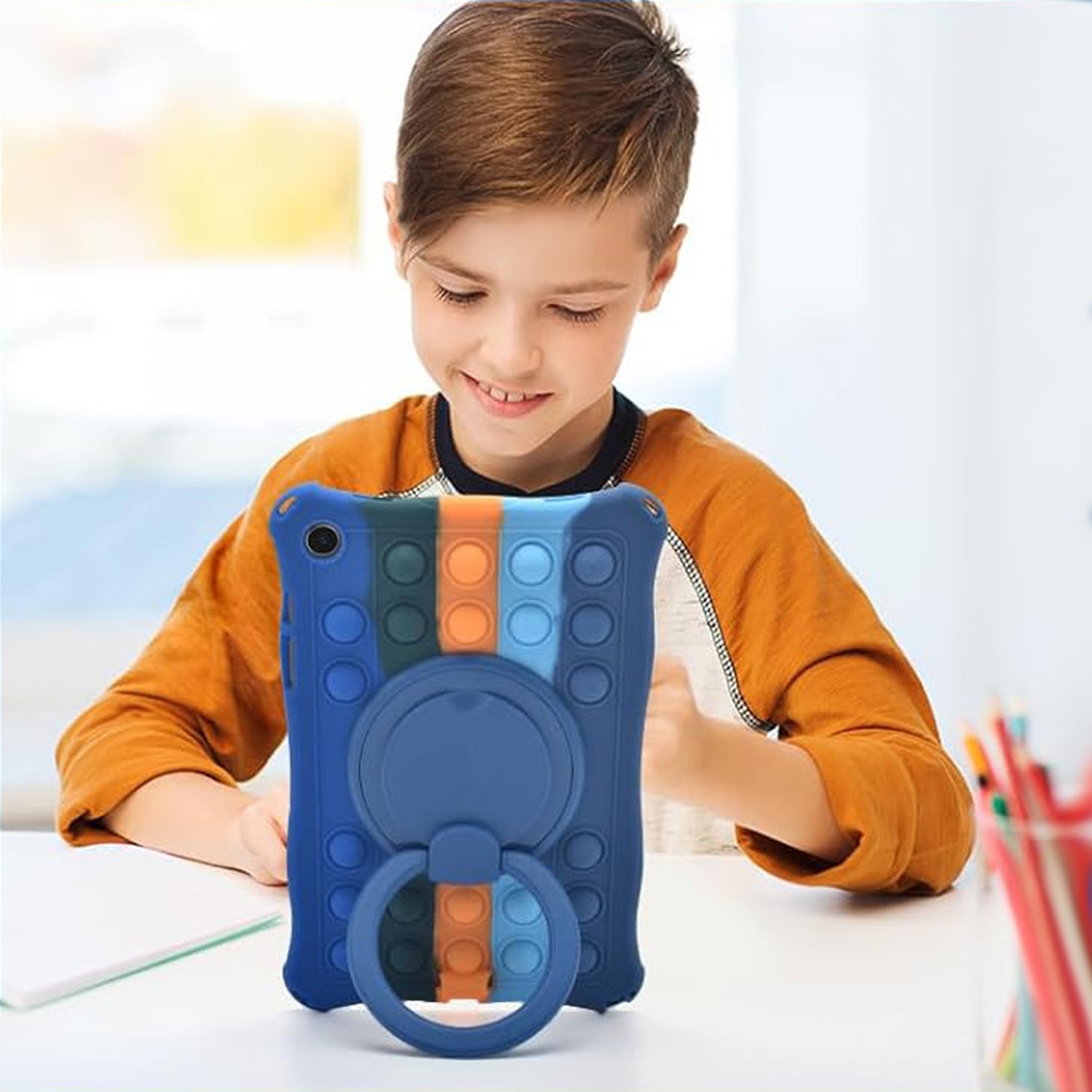 Husa de protectie pentru tableta, Puepoul, Compatibila cu Samsung Tab A9 8.7 inch, Protectie anti-soc, Dispozitiv de reducere a presiunii, Suport rotativ 360°, cu curea de agatat si stylus, Silicon, Albastru