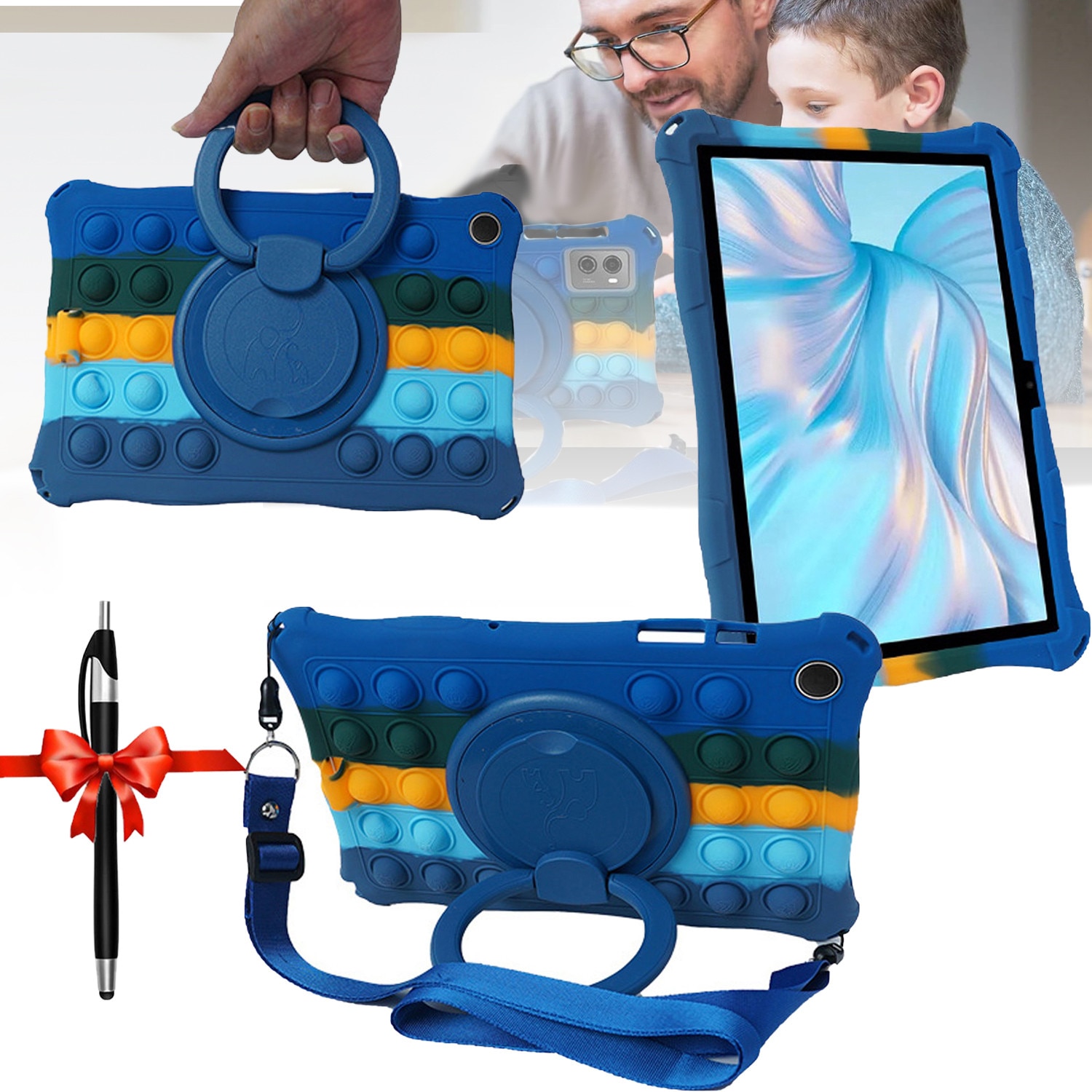 Husa de protectie pentru tableta, Puepoul, Compatibila cu Samsung Tab A9 8.7 inch, Protectie anti-soc, Dispozitiv de reducere a presiunii, Suport rotativ 360°, cu curea de agatat si stylus, Silicon, Albastru