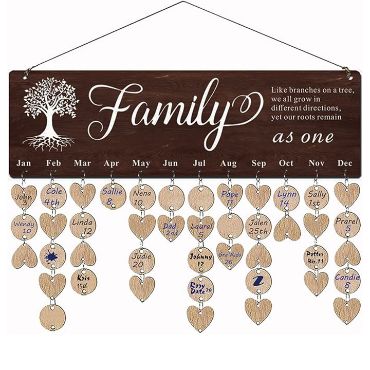 Családi születésnapi naptártábla fából (12 * 40cm 100 db fa címkével), DIY születésnapi nyomkövető akasztós tábla, Vintage családi születésnapi akasztós naptár családnak, barátnak, anyának, szeretőnek, ajándékok anyának, nagymamának
