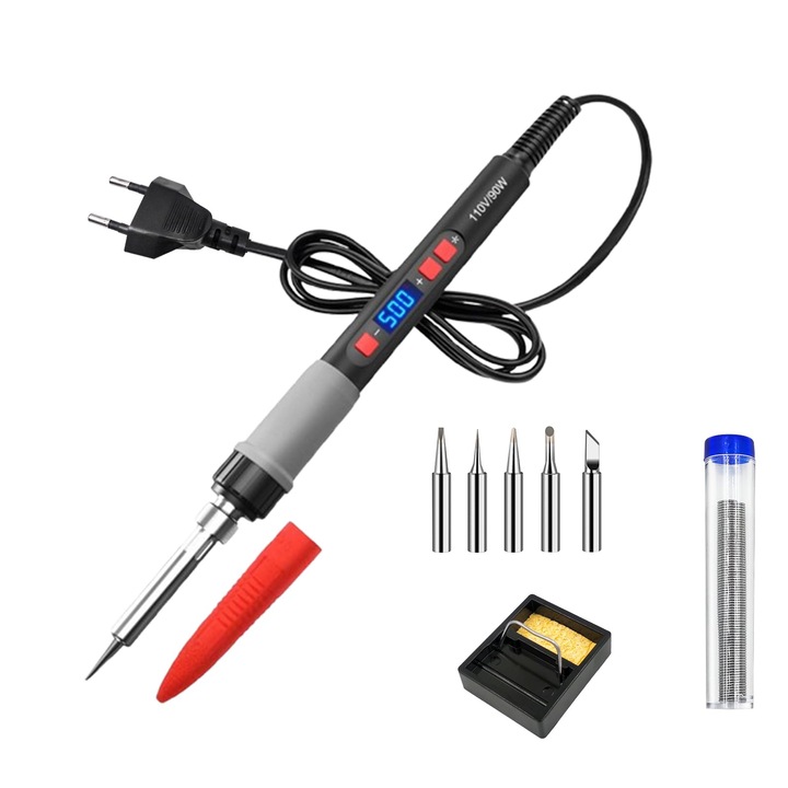 Kit pistol de lipit, display LED, 5 capete de lipit, putere 90W, temepratura ajustabila, lipire componente electronice, Temperatura 180-500°, Grey Black