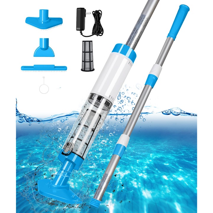 Aspirator de mana pentru piscine，SHIJOOE®，multifunctional，fara fir, putere mare de aspiratie，impermeabil, curatare eficienta，Cu 3 capete de periuta，sac colector，Maner telescopic，pentru spa si curatarea piscinei，cada cu hidromasaj si iaz，Albastru