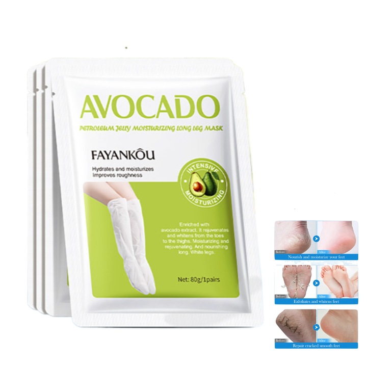 Masca pentru picioare cu extract de avocado, 3 perechi, 6 comprimate, - Exfoliaza, hidrateaza si hraneste eficient, reda netezimea viteilor si picioarelor