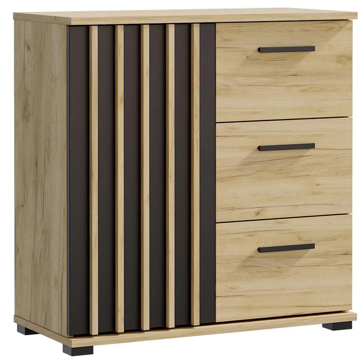 Comoda Montana 80 cu 3 sertare si 1 usa, 81x37x80 cm, negru si stejar craft