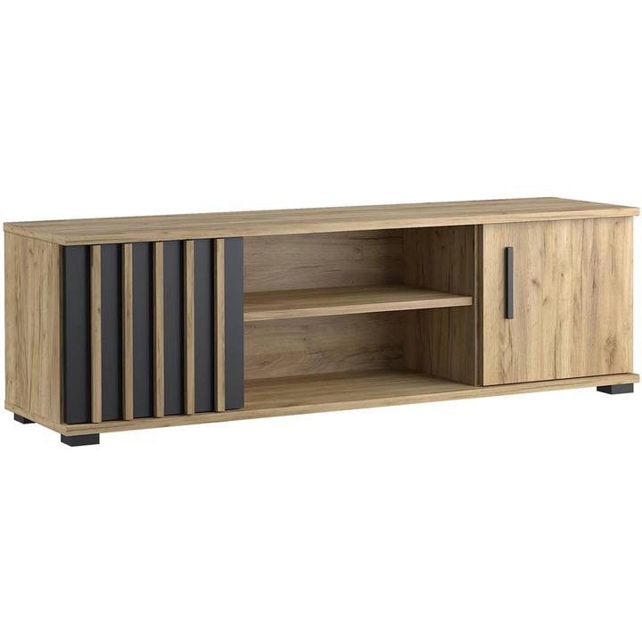 Модерен ТВ шкаф 140x37 см с 2 врати и рафтове, занаятчийски цвят с черно покритие