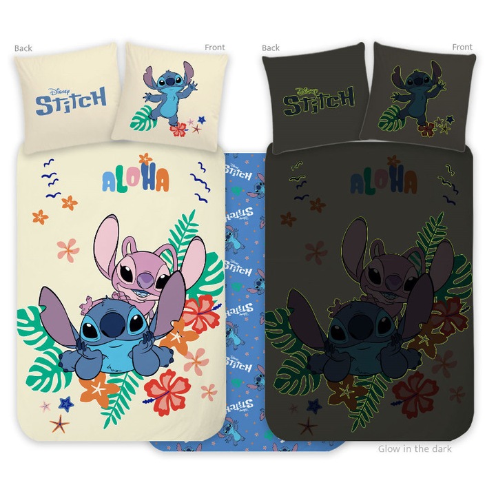 Set de lenjerie de pat pentru copii Disney Lilo si Stitch, Cainele Steaua Aloha, Glow in the Dark, 100x135cm, 40x60cm