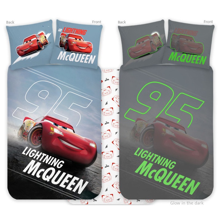 Disney Verdák Lightning sötétben világító gyerek, ovis ágyneműhuzat 100x135cm, 40x60cm