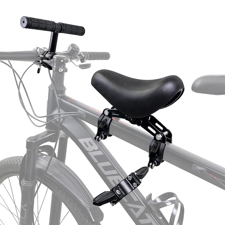 Gyermek kerékpárülés vázra szerelhető, kiegészítő kormányszárral, 2-5 éves korig, teherbírás 60 kg, hordozható, elölre szerelhető, biztonságos, kényelmes, állítható, fém anyagból, kisgyermekeknek biztonsági övvel és övkorláttal