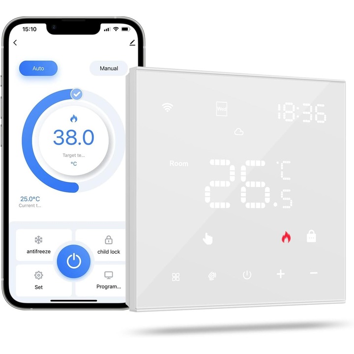 MIUCDA okos termosztát, 16A, WiFi, digitális, Tuya / Smart Life, Alexa / Google Home kompatibilis, fehér színű