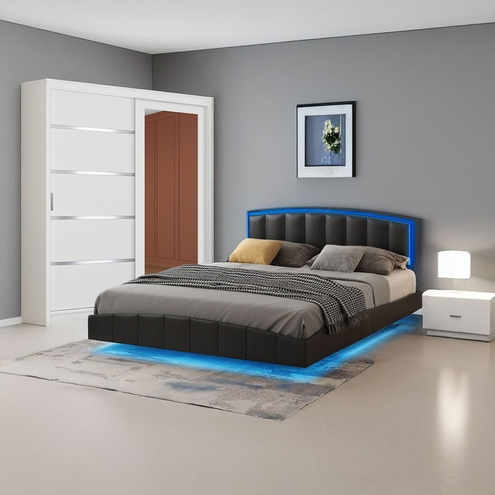 Set dormitor, vento, pat 160x200, dulap 150x210x61cm, noptieră 48x32x35cm, negru