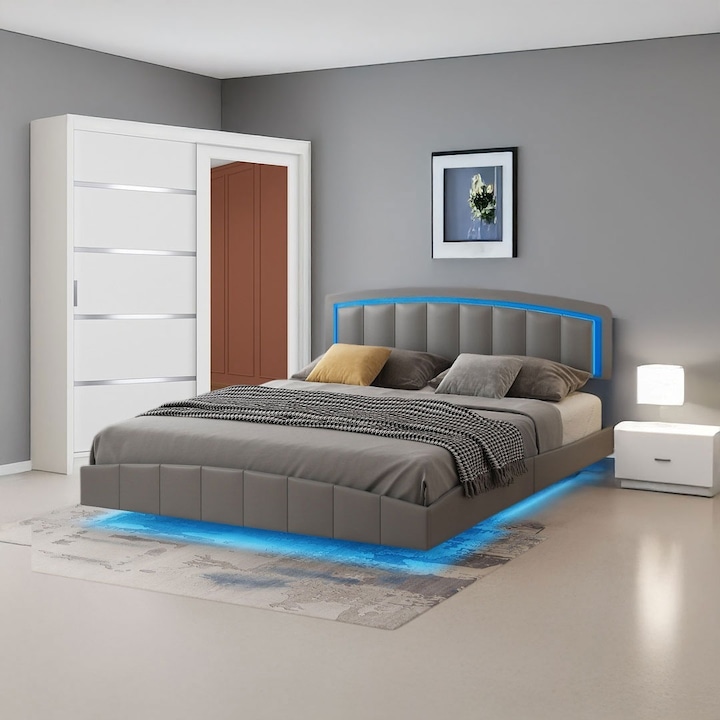 Dormitor set 4468, vento, gri, pat 160x200cm cu iluminare LED, dulap 150x210x61cm, noptieră 48x32x35cm