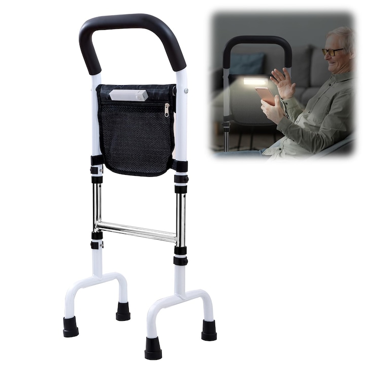 Ajutor de mers in picioare pentru adulti in varsta, inaltime reglabila de la 72 cm la 92 cm, cu lumina de miscare, cu o geanta de depozitare, sarcina maxima 136 kg, usor de instalat, WALALLA