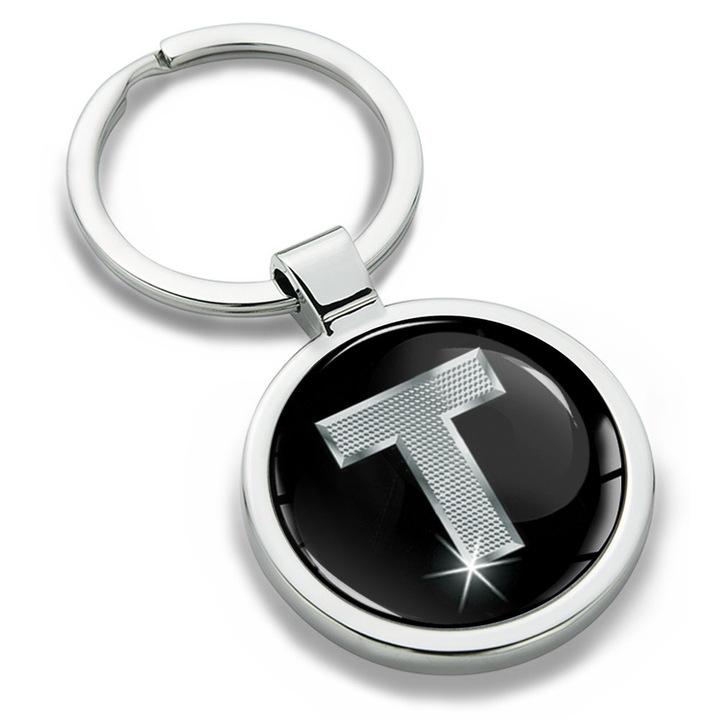 Breloc metalic in cutie cadou, Biomar Labs, Litera T, AZ, unisex, 3D, Argintiu/Negru, KK 20