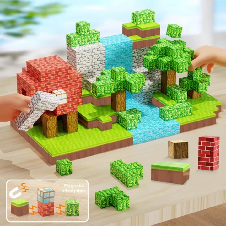 Магнитни кубчета, Комплект за изграждане, 105 части, Minecraft