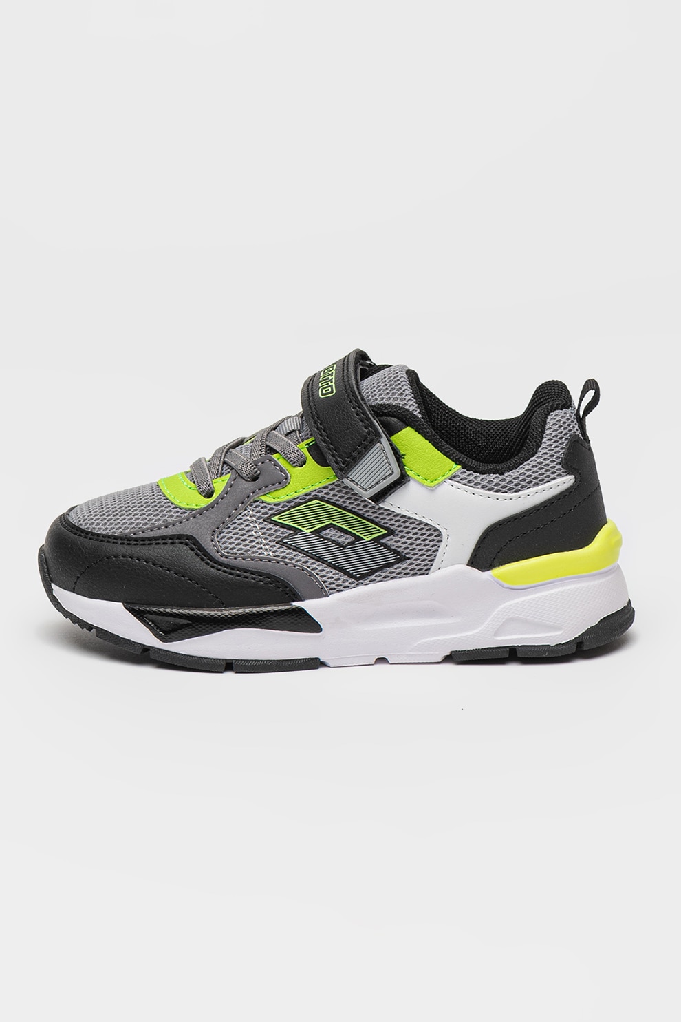 Lotto, Pantofi sport din plasa cu talpa wedge si garnituri din piele ecologica, Negru, Gri, Verde neon, 28 EU
