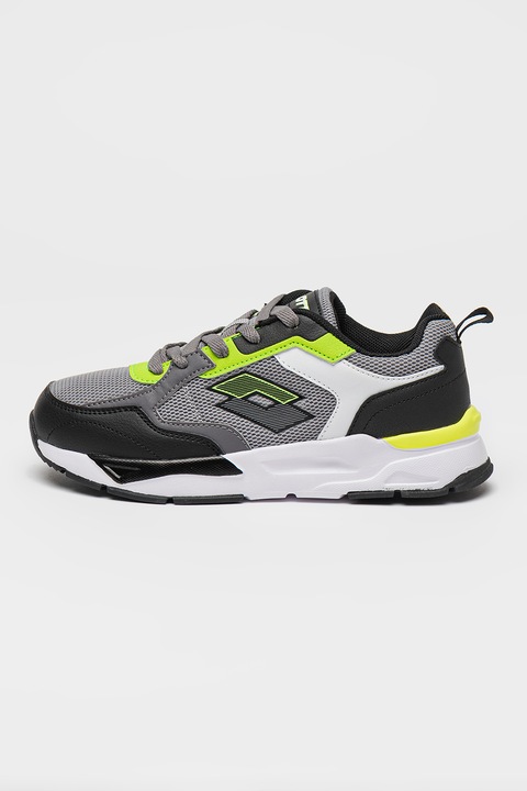 Lotto, Pantofi sport din plasa si piele ecologica Beni Jr, Negru, Gri, Verde neon, 36 EU