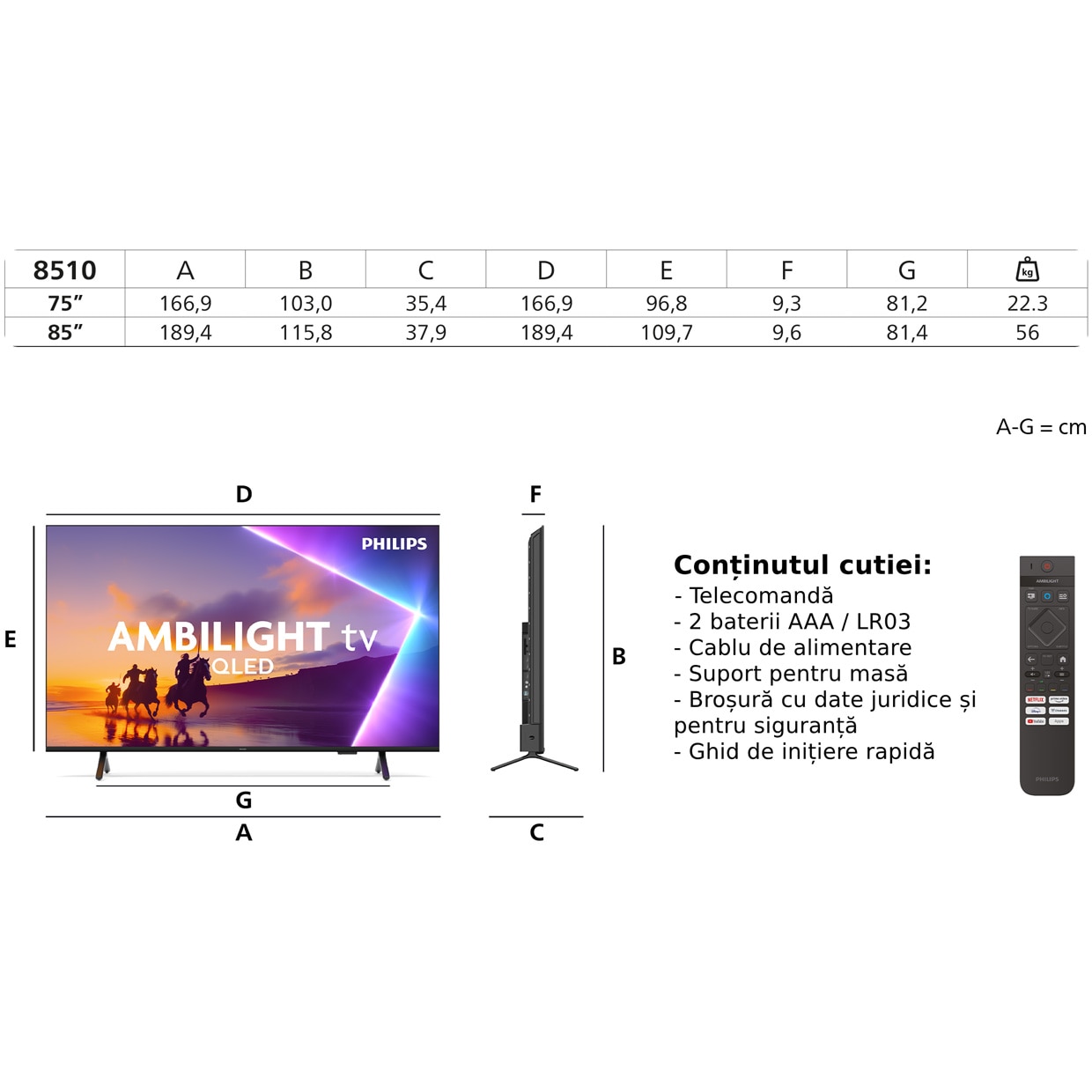 Televizor Philips AMBILIGHT tv QLED 85PUS8510, 215 cm, Smart TV, 4K Ultra HD, Clasa D (Model 2025)