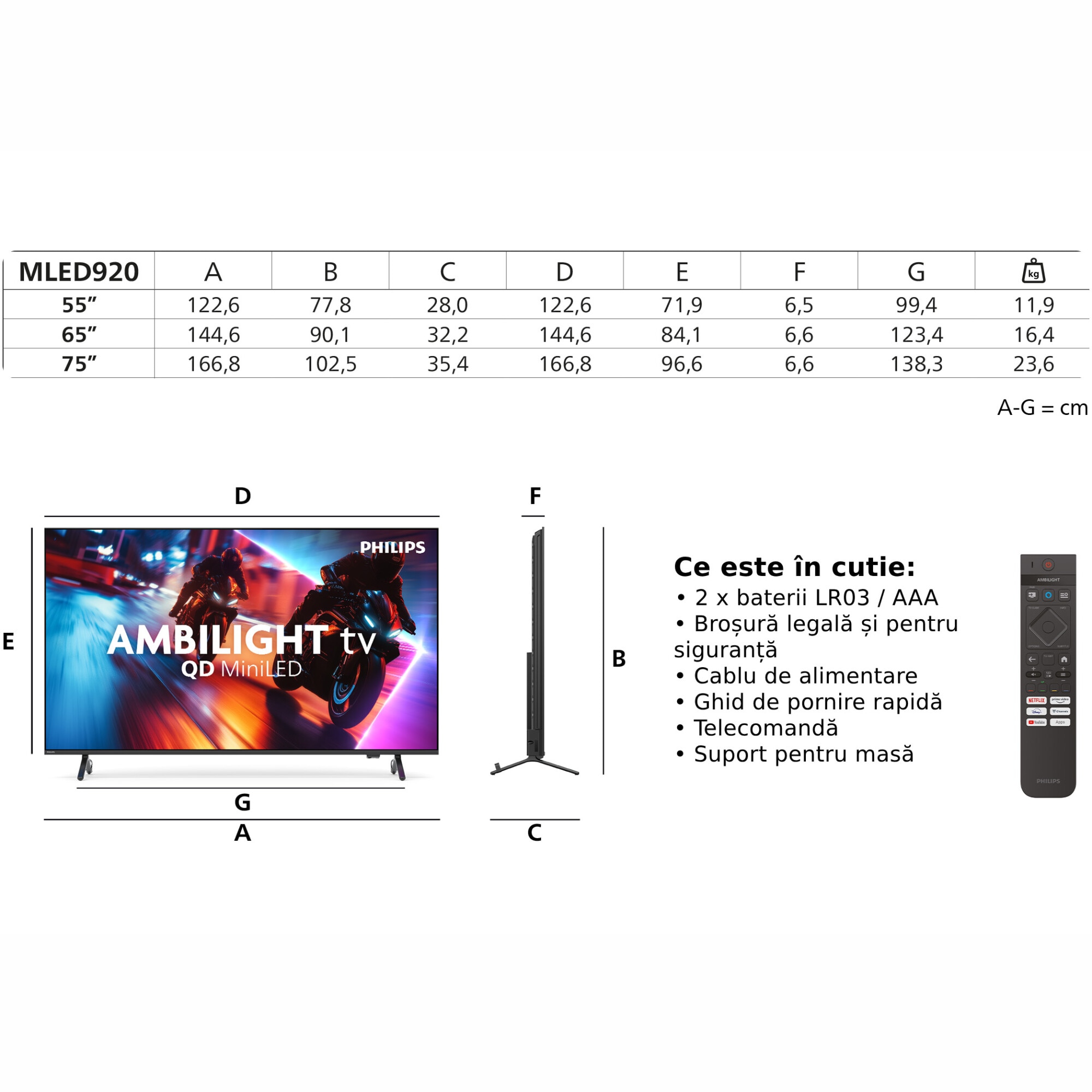 Televizor Philips AMBILIGHT tv QD-MiniLED 65MLED920, 164 cm, Smart TV, 4K Ultra HD, 100 Hz, Clasa F (Model 2025)