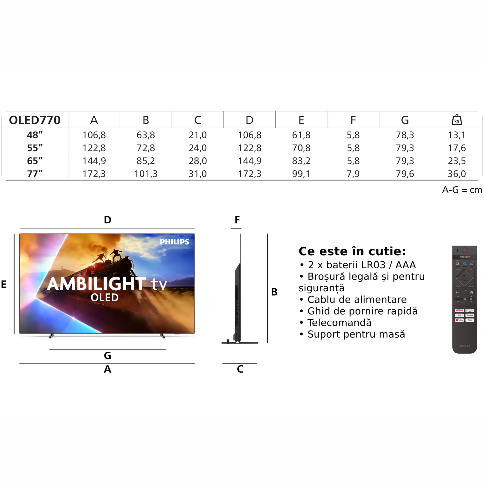 Televizor Philips AMBILIGHT tv OLED 77OLED770, 194 cm, Smart TV, 4K Ultra HD, 100 Hz, Clasa F (Model 2025)