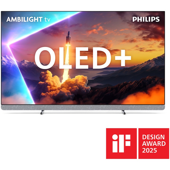Televizor Philips AMBILIGHT tv OLED+ 65OLED910, 164 cm, Google TV, 4K Ultra HD, 100 Hz, Sunet Bowers & Wilkins, Clasa F (Model 2025)