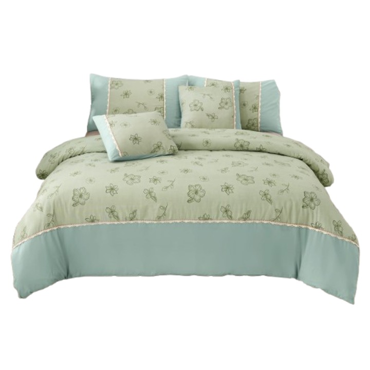 Lenjerie pat dublu, Imprimeu Floral, 6 piese, 2 persoane, 180x200cm, Finet, Verde Ou de Rata