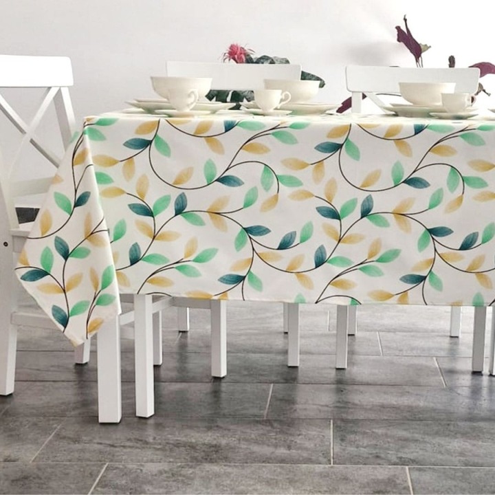 Teflon bevonatú terítő, 100% pamut, 120x160cm, Lenjerii Deosebite, sárgászöld levélminta