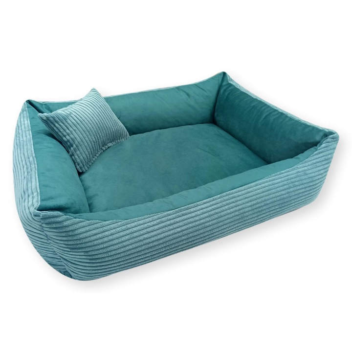 Culcus pentru caini MOLLY, 4L TEXTIL, 60x40 cm, material rezistent, culoare turcoaz, include perna de joaca