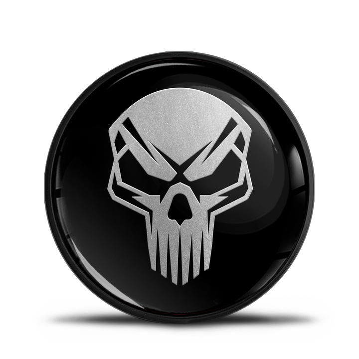 Emblema tuning autoadeziva pentru Alfa Romeo, SkinoEu, 74 mm, compatibila cu Alfa Romeo 156, 147, Giulietta 940, MiTo, 159, GT, Brera, Spider 939, pentru capota fata, capota spate, portbagaj, Craniu, Negru/Argintiu, EA 1