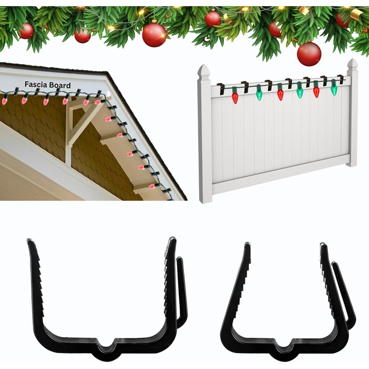 Set 60 carlige SelfTek, pentru instalatii de Craciun, din plastic, culoare negru