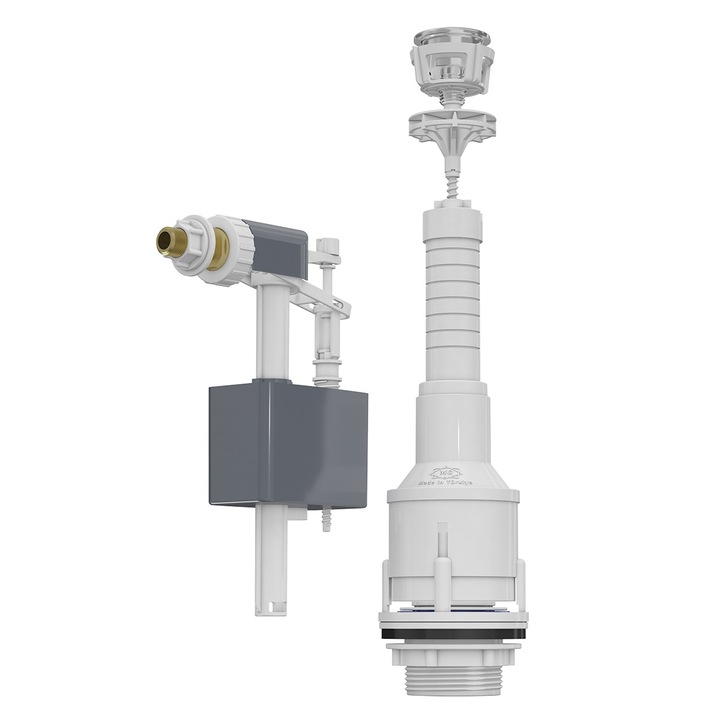 WC-tartály ürítő mechanizmus / szelep, oldalsó bekötésű, 3/8-os sárgaréz csatlakozóval, gombbal, komplett készlet | 3025-100