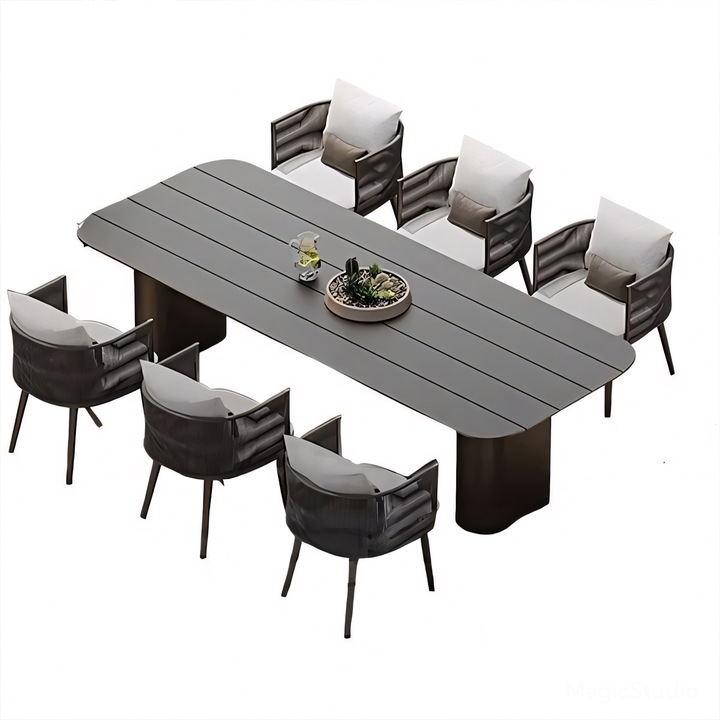 Set mobilier de 6 persoane, terasa sau gradina, aluminiu, masa robusta 214x100 cm + 6 scaune cu impletitura tip funie, Nova Luxe