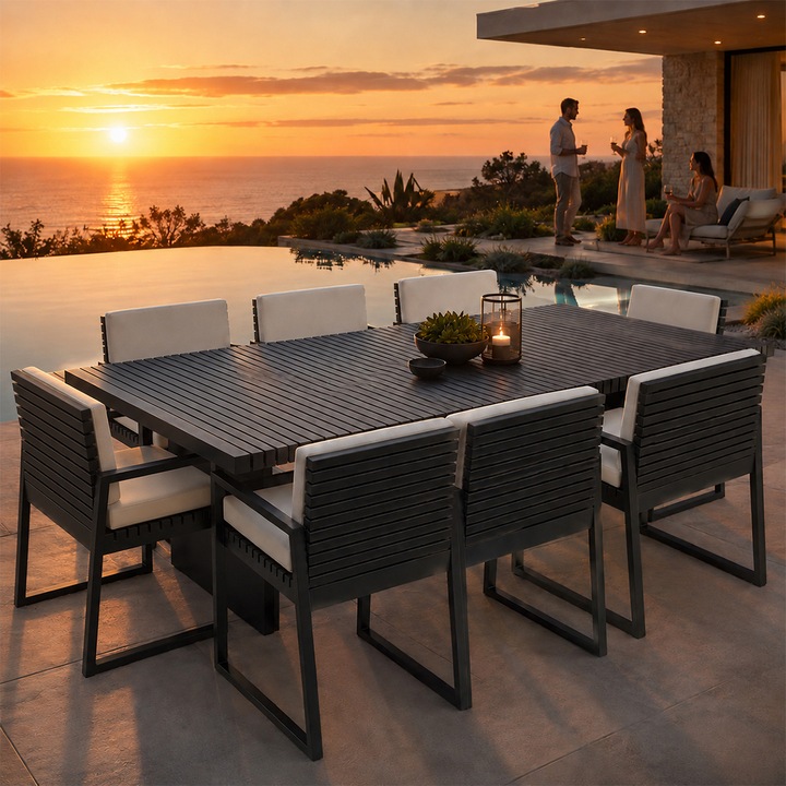 Set mobilier de 8 persoane, terasa sau gradina, aluminiu, masa 213x100 cm + 8 scaune, tesatura 100% Olefin, Mykonos