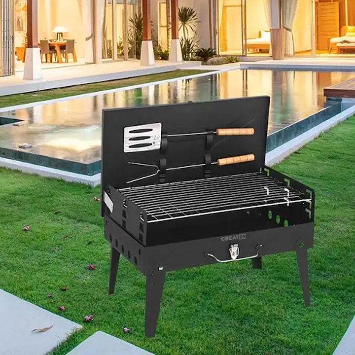 GREATON hordozható fém grillsütő, eszközökkel, összecsukható, 44 x 27 x 22 cm, bőrönd típusú, fekete