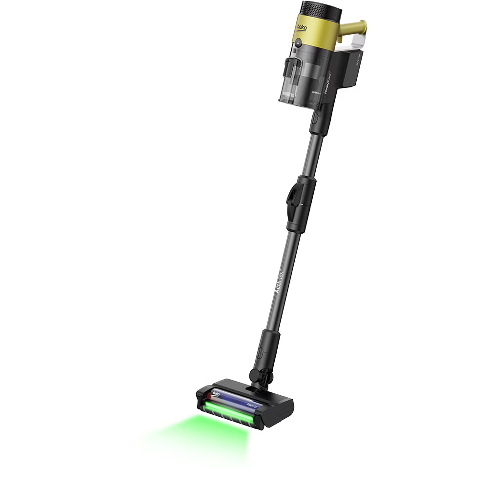 Aspirator vertical cu lavete mop integrate BEKO VRT97325VY, 450 W, 2,5 l, autonomie max 60 min, tub flexibil, perie Turbo, ideal par animale, curatenie fara efort chiar si sub mobila, negru-galben