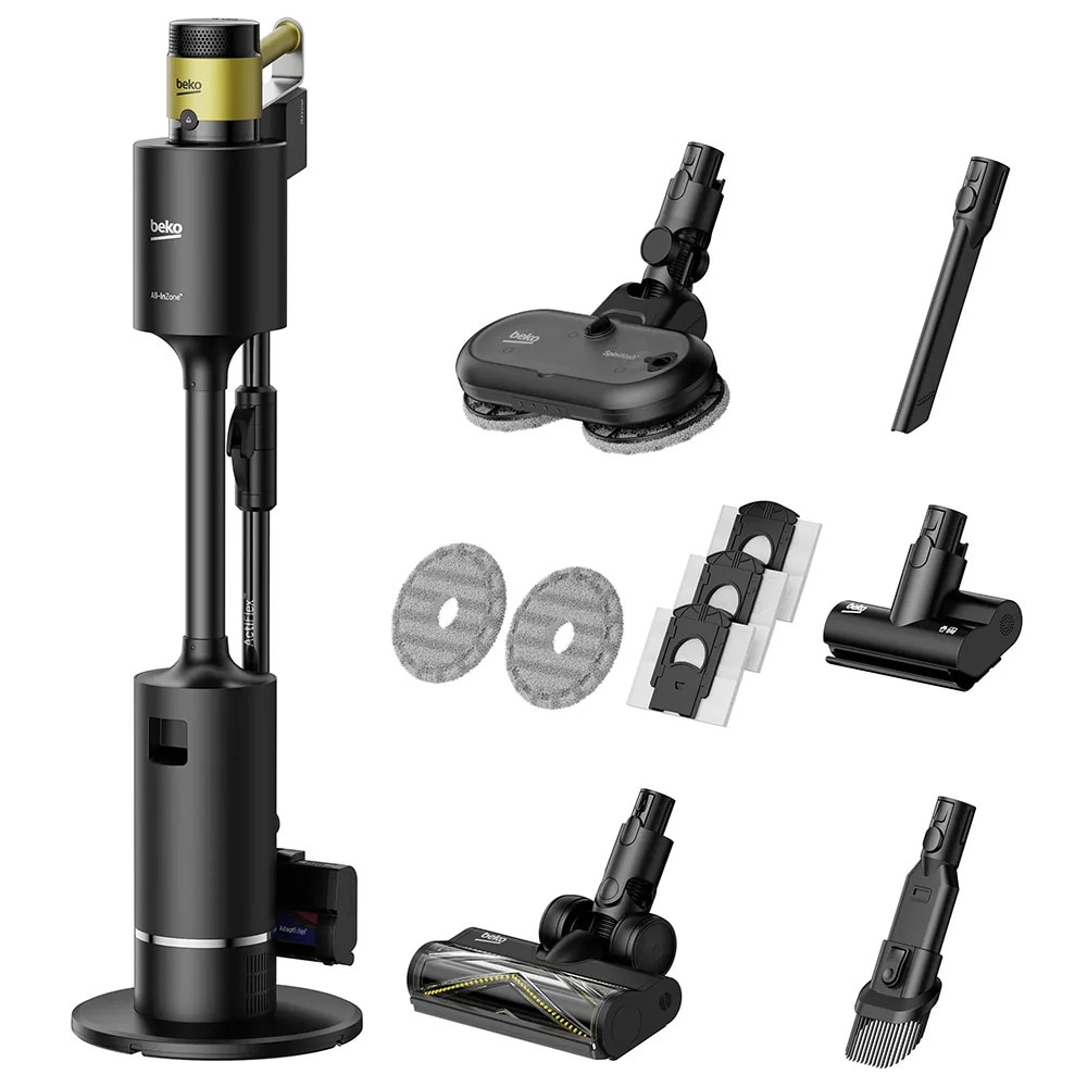 Aspirator vertical cu lavete mop integrate BEKO VRT97325VY, 450 W, 2,5 l, autonomie max 60 min, tub flexibil, perie Turbo, ideal par animale, curatenie fara efort chiar si sub mobila, negru-galben