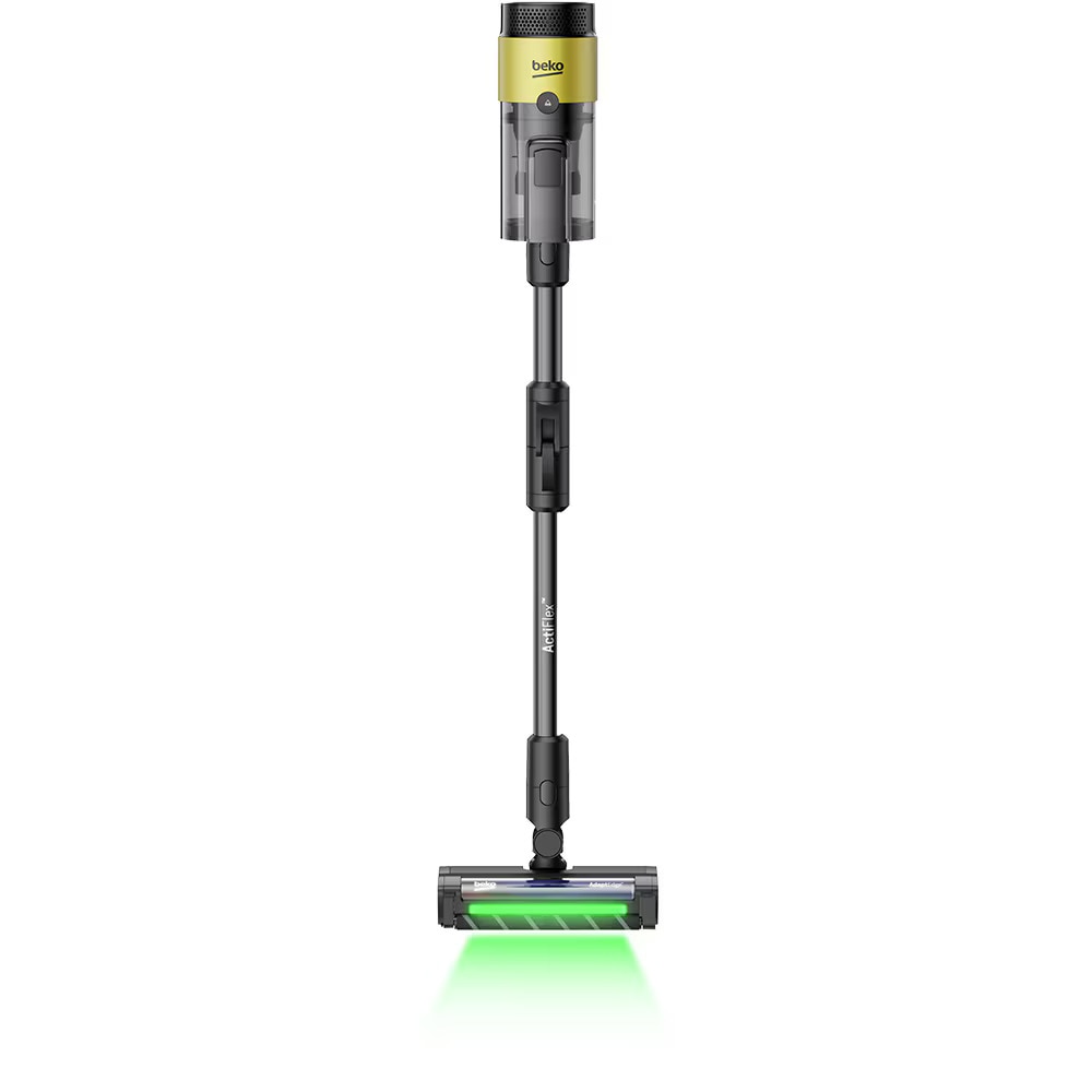 Aspirator vertical cu lavete mop integrate BEKO VRT97325VY, 450 W, 2,5 l, autonomie max 60 min, tub flexibil, perie Turbo, ideal par animale, curatenie fara efort chiar si sub mobila, negru-galben