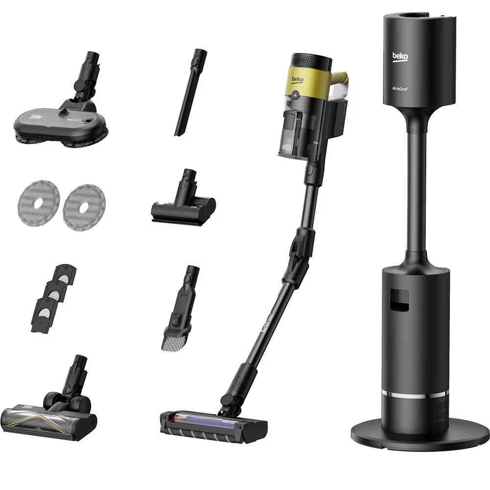 Aspirator vertical cu lavete mop integrate BEKO VRT97325VY, 450 W, 2,5 l, autonomie max 60 min, tub flexibil, perie Turbo, ideal par animale, curatenie fara efort chiar si sub mobila, negru-galben
